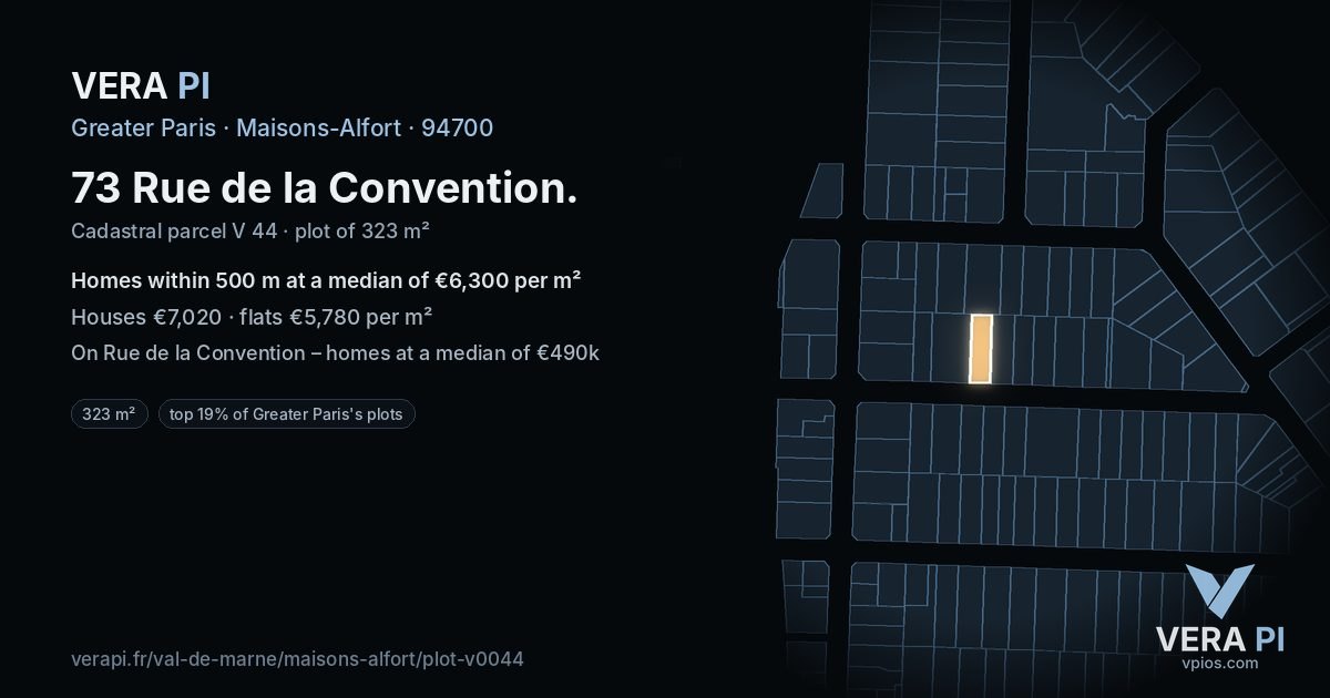 73 Rue de la Convention, Maisons-Alfort at night – the plot lit, the parcels around coloured by the prices near them