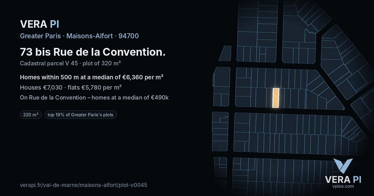73 bis Rue de la Convention, Maisons-Alfort at night – the plot lit, the parcels around coloured by the prices near them