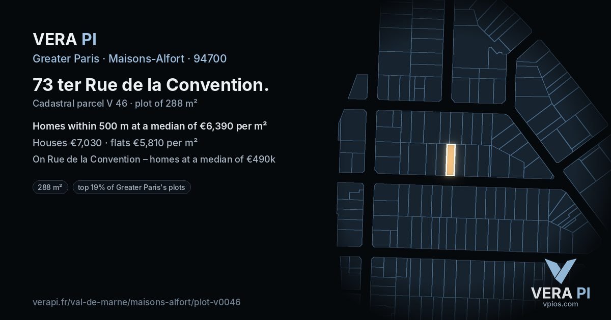 73 ter Rue de la Convention, Maisons-Alfort at night – the plot lit, the parcels around coloured by the prices near them
