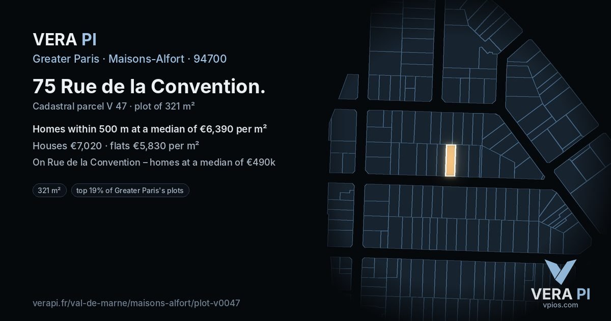 75 Rue de la Convention, Maisons-Alfort at night – the plot lit, the parcels around coloured by the prices near them