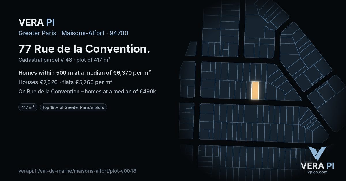 77 Rue de la Convention, Maisons-Alfort at night – the plot lit, the parcels around coloured by the prices near them