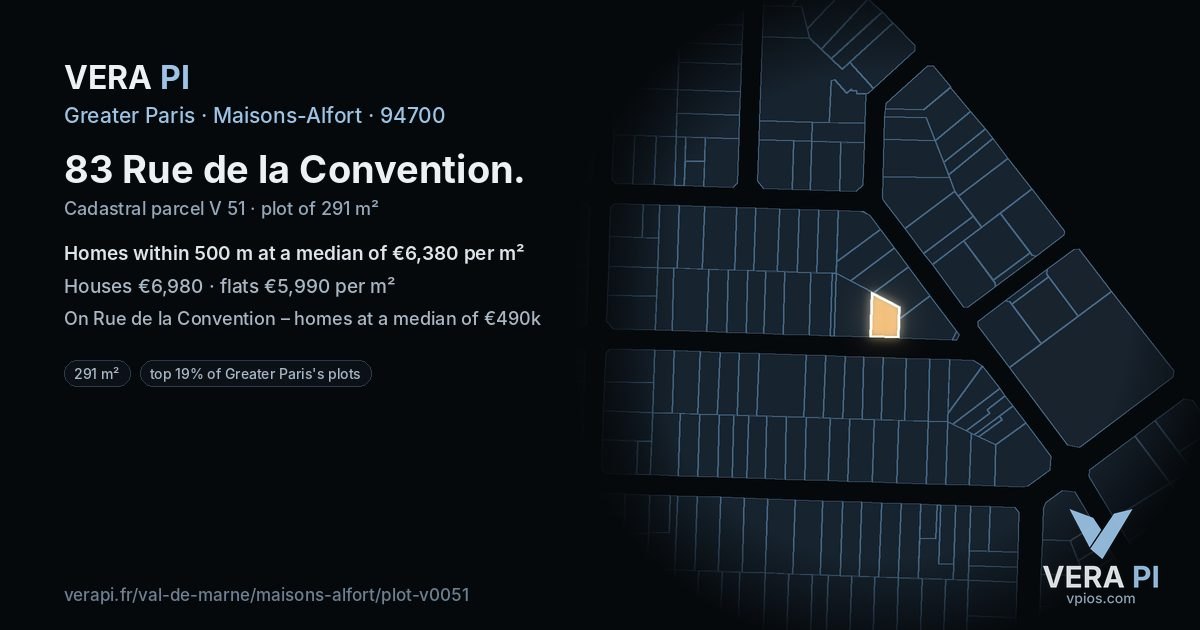 83 Rue de la Convention, Maisons-Alfort at night – the plot lit, the parcels around coloured by the prices near them