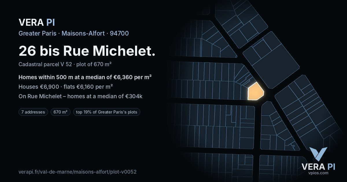 26 bis Rue Michelet, Maisons-Alfort at night – the plot lit, the parcels around coloured by the prices near them
