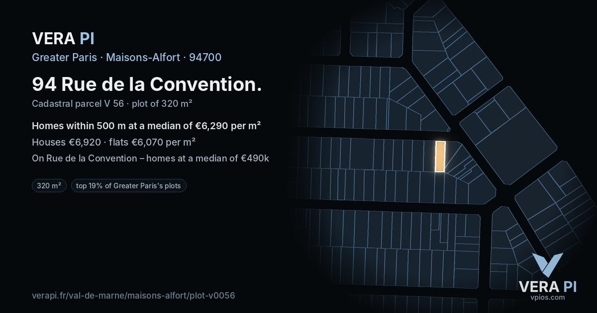 94 Rue de la Convention, Maisons-Alfort at night – the plot lit, the parcels around coloured by the prices near them
