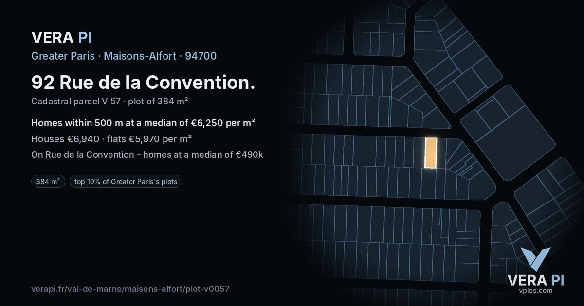 92 Rue de la Convention, Maisons-Alfort at night – the plot lit, the parcels around coloured by the prices near them