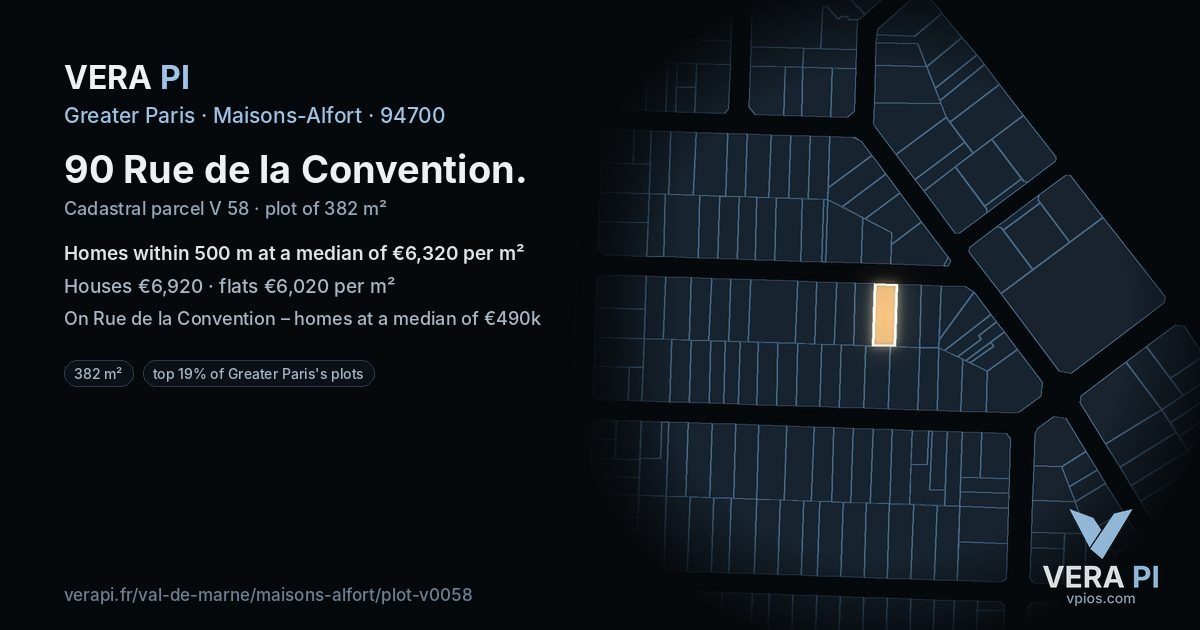 90 Rue de la Convention, Maisons-Alfort at night – the plot lit, the parcels around coloured by the prices near them