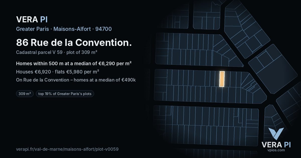 86 Rue de la Convention, Maisons-Alfort at night – the plot lit, the parcels around coloured by the prices near them
