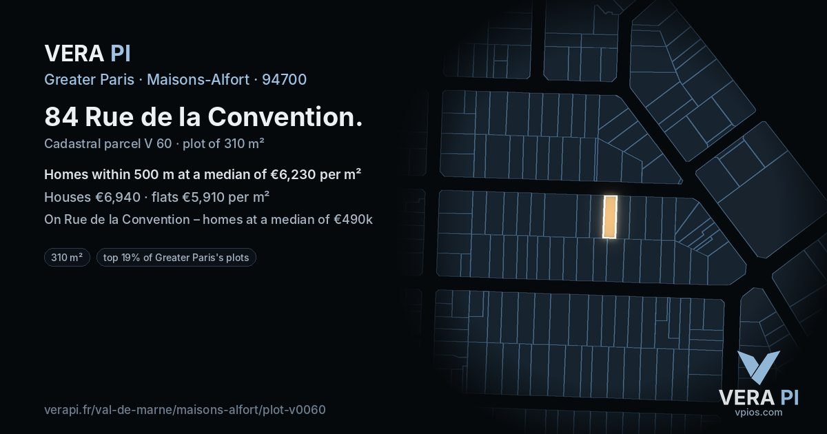 84 Rue de la Convention, Maisons-Alfort at night – the plot lit, the parcels around coloured by the prices near them