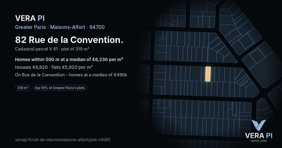 82 Rue de la Convention, Maisons-Alfort at night – the plot lit, the parcels around coloured by the prices near them