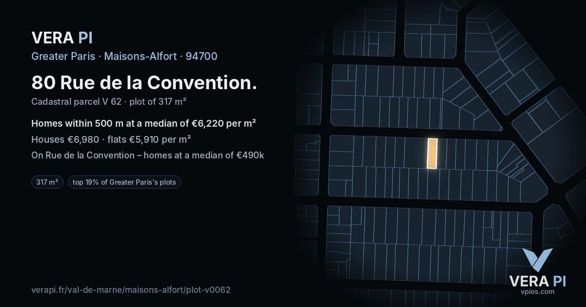 80 Rue de la Convention, Maisons-Alfort at night – the plot lit, the parcels around coloured by the prices near them