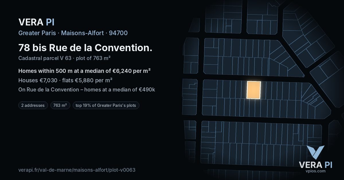 78 bis Rue de la Convention, Maisons-Alfort at night – the plot lit, the parcels around coloured by the prices near them