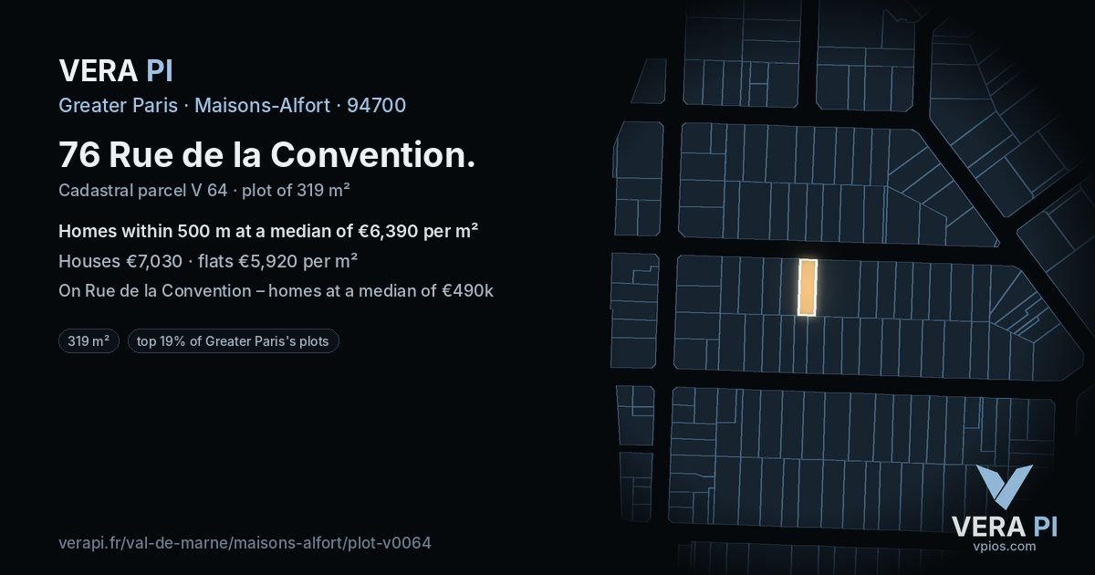 76 Rue de la Convention, Maisons-Alfort at night – the plot lit, the parcels around coloured by the prices near them