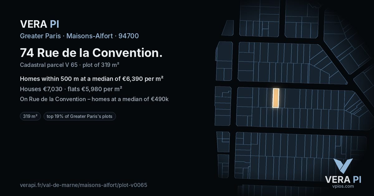 74 Rue de la Convention, Maisons-Alfort at night – the plot lit, the parcels around coloured by the prices near them