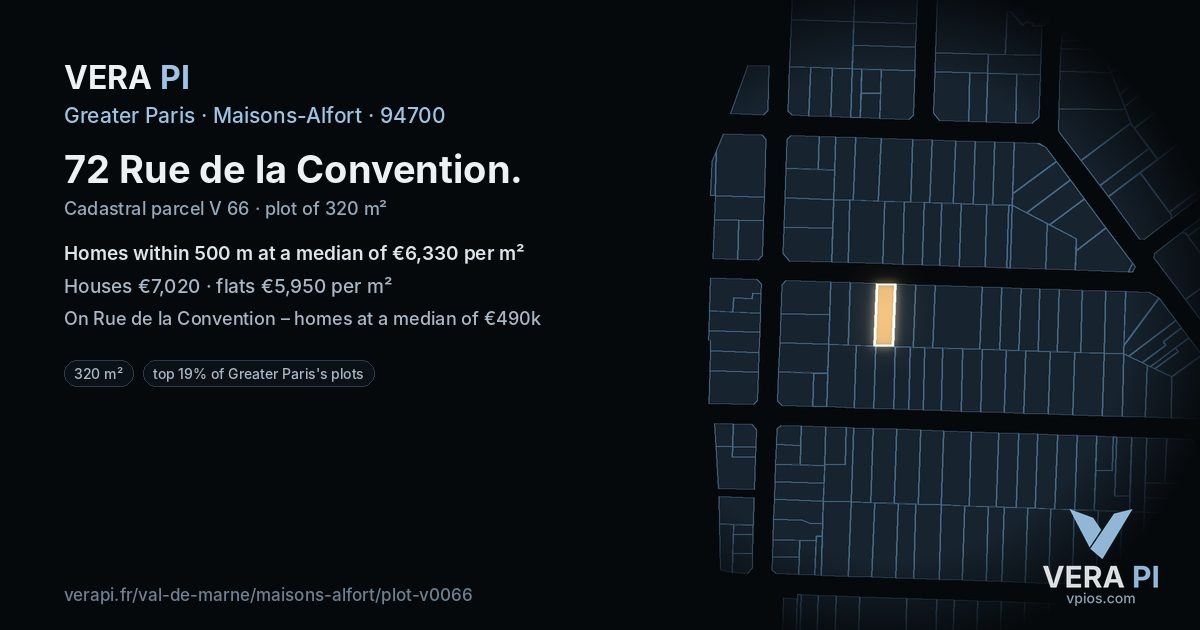 72 Rue de la Convention, Maisons-Alfort at night – the plot lit, the parcels around coloured by the prices near them