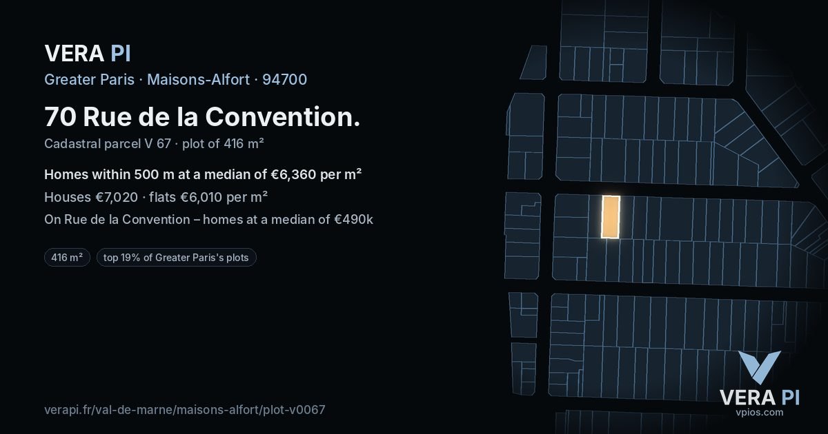 70 Rue de la Convention, Maisons-Alfort at night – the plot lit, the parcels around coloured by the prices near them