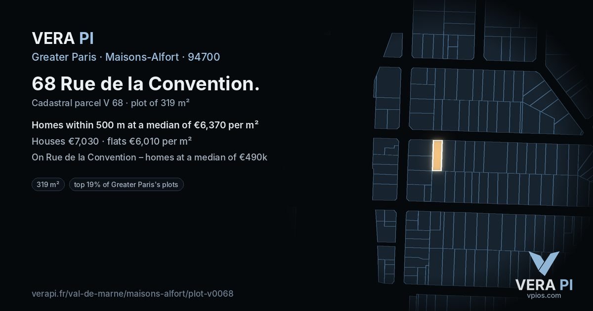 68 Rue de la Convention, Maisons-Alfort at night – the plot lit, the parcels around coloured by the prices near them