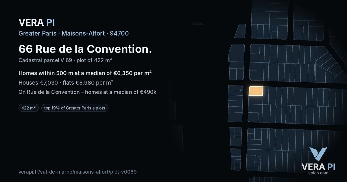 66 Rue de la Convention, Maisons-Alfort at night – the plot lit, the parcels around coloured by the prices near them