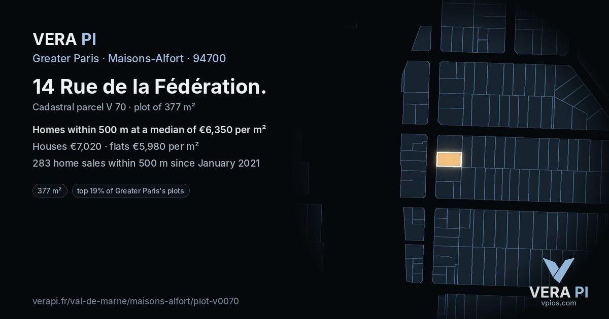 14 Rue de la Fédération, Maisons-Alfort at night – the plot lit, the parcels around coloured by the prices near them