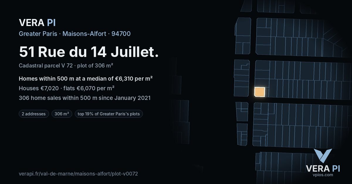 51 Rue du 14 Juillet, Maisons-Alfort at night – the plot lit, the parcels around coloured by the prices near them