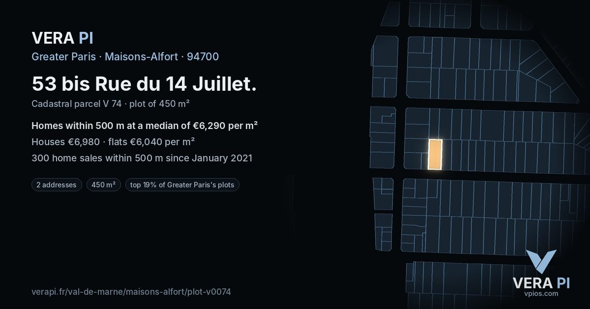 53 bis Rue du 14 Juillet, Maisons-Alfort at night – the plot lit, the parcels around coloured by the prices near them