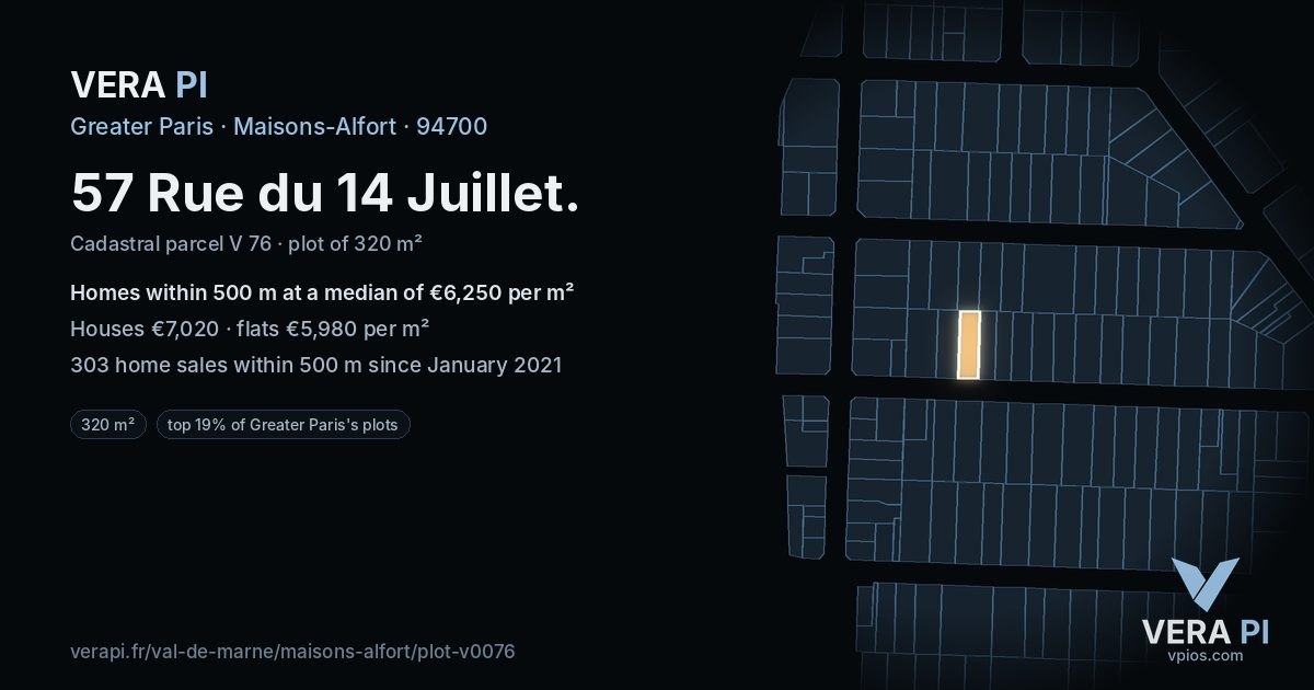 57 Rue du 14 Juillet, Maisons-Alfort at night – the plot lit, the parcels around coloured by the prices near them