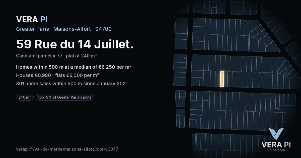 59 Rue du 14 Juillet, Maisons-Alfort at night – the plot lit, the parcels around coloured by the prices near them