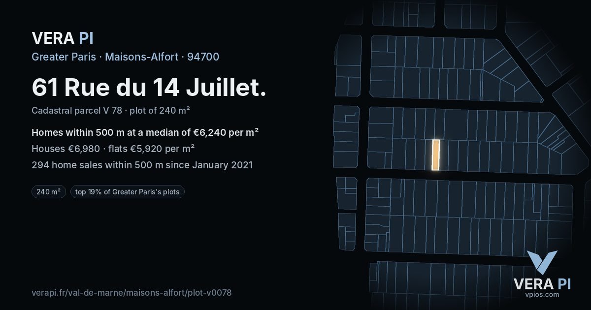 61 Rue du 14 Juillet, Maisons-Alfort at night – the plot lit, the parcels around coloured by the prices near them