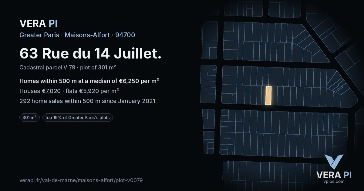 63 Rue du 14 Juillet, Maisons-Alfort at night – the plot lit, the parcels around coloured by the prices near them