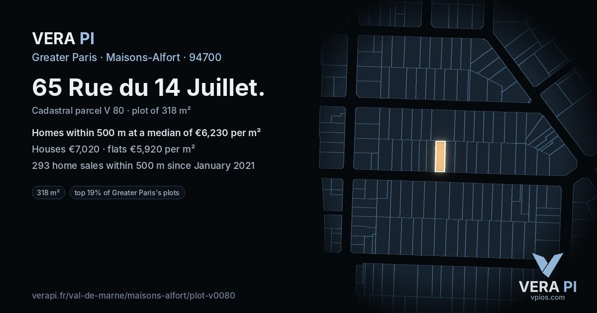 65 Rue du 14 Juillet, Maisons-Alfort at night – the plot lit, the parcels around coloured by the prices near them