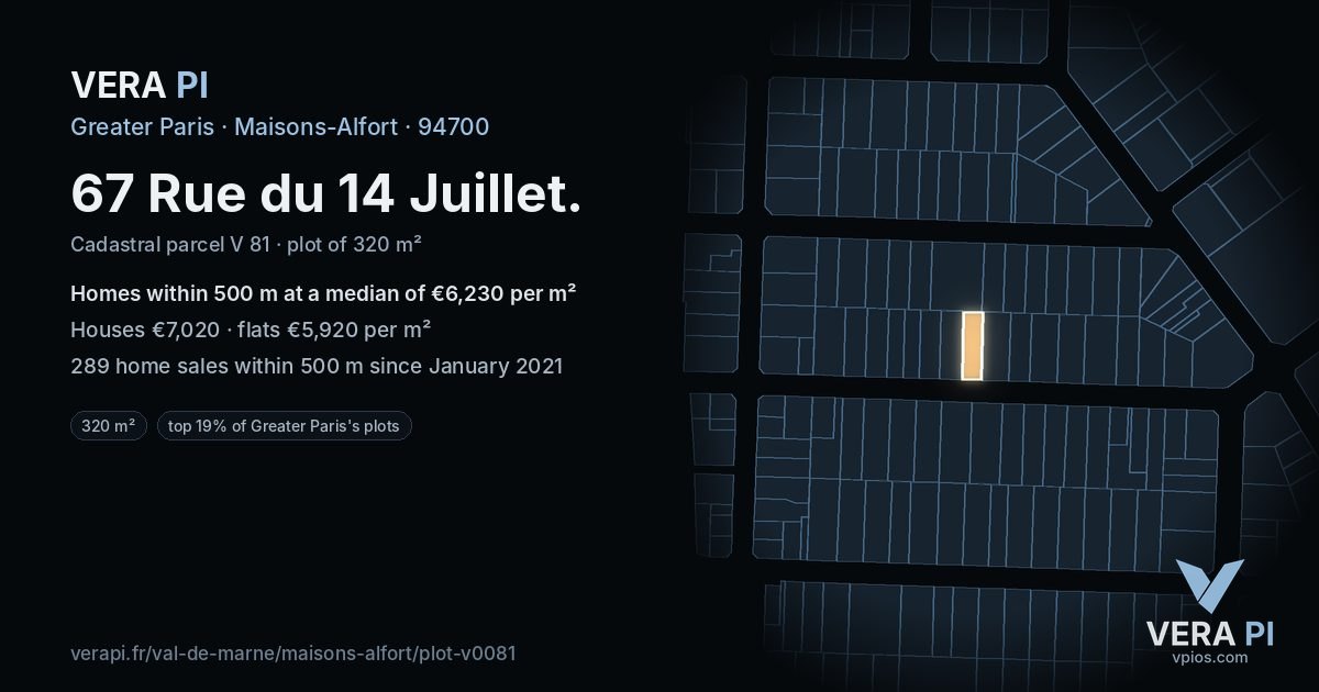 67 Rue du 14 Juillet, Maisons-Alfort at night – the plot lit, the parcels around coloured by the prices near them