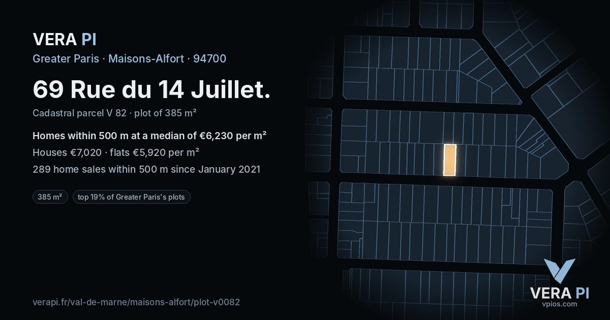 69 Rue du 14 Juillet, Maisons-Alfort at night – the plot lit, the parcels around coloured by the prices near them