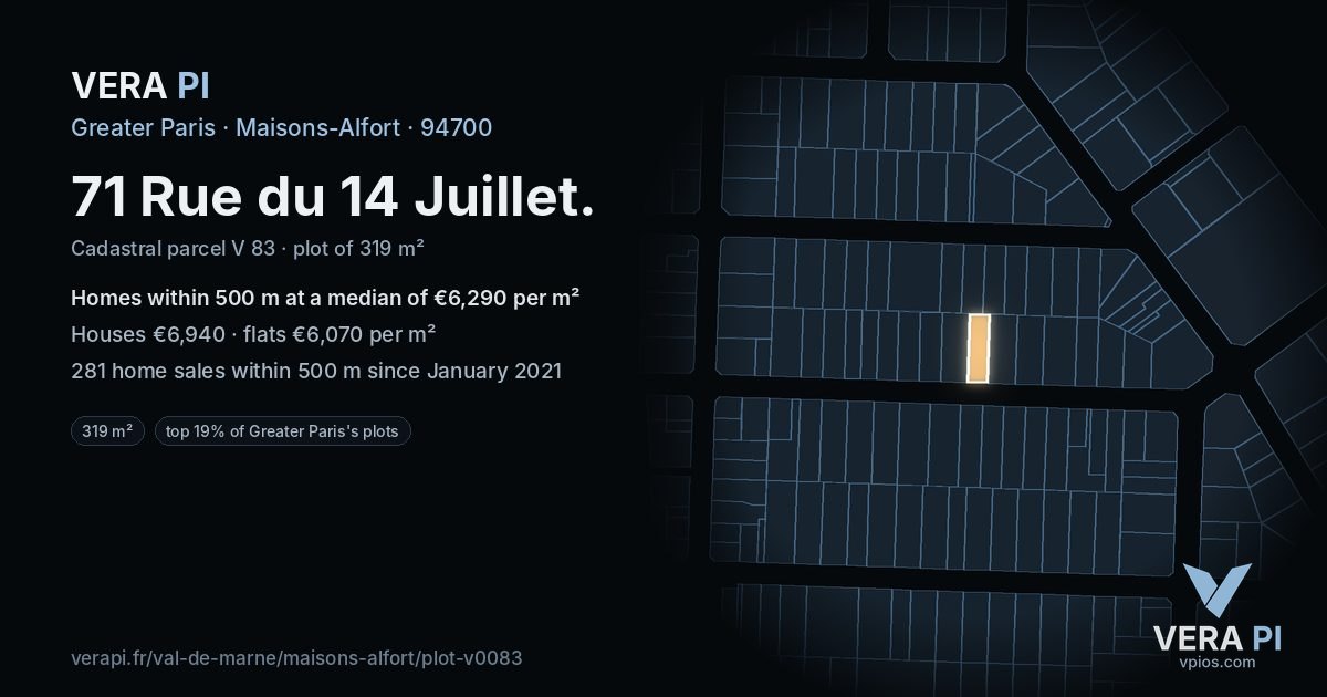 71 Rue du 14 Juillet, Maisons-Alfort at night – the plot lit, the parcels around coloured by the prices near them
