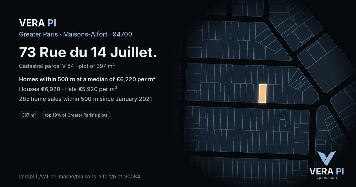 73 Rue du 14 Juillet, Maisons-Alfort at night – the plot lit, the parcels around coloured by the prices near them