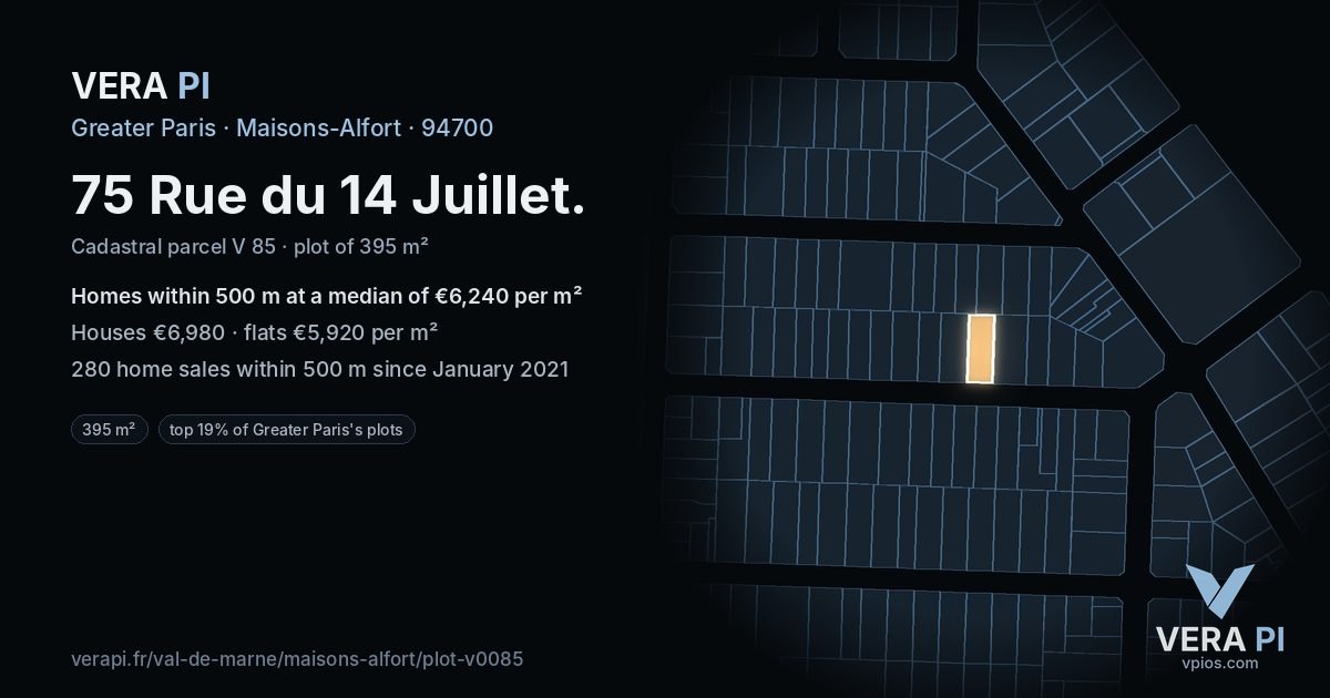 75 Rue du 14 Juillet, Maisons-Alfort at night – the plot lit, the parcels around coloured by the prices near them