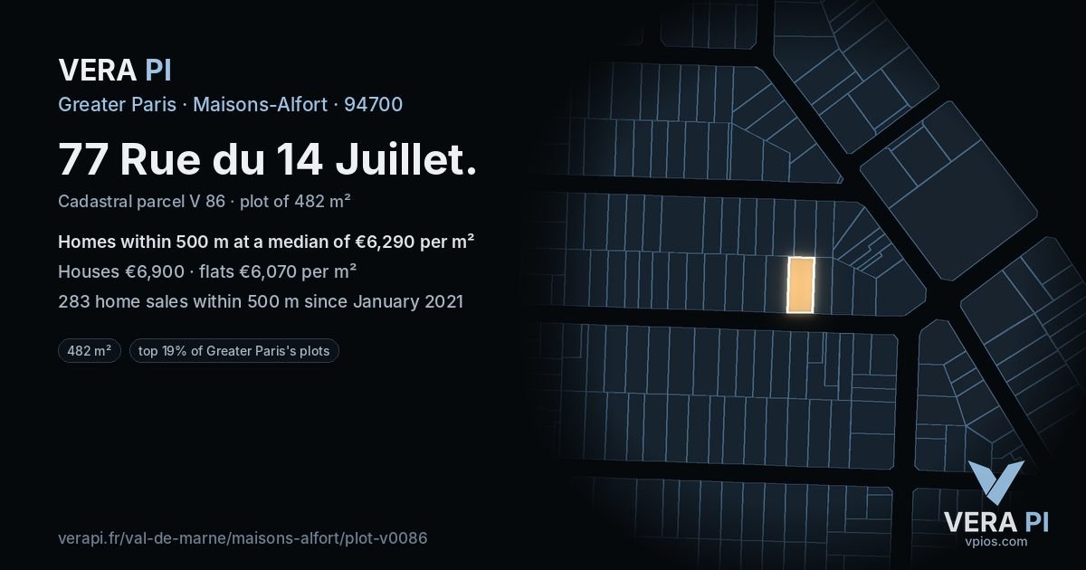 77 Rue du 14 Juillet, Maisons-Alfort at night – the plot lit, the parcels around coloured by the prices near them