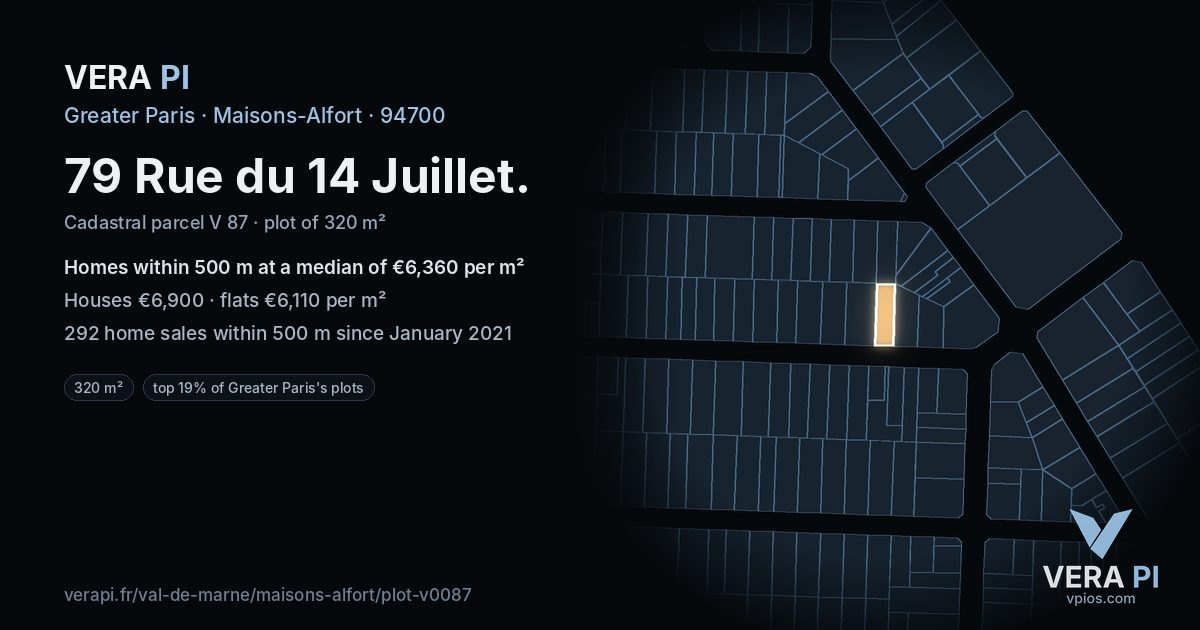 79 Rue du 14 Juillet, Maisons-Alfort at night – the plot lit, the parcels around coloured by the prices near them