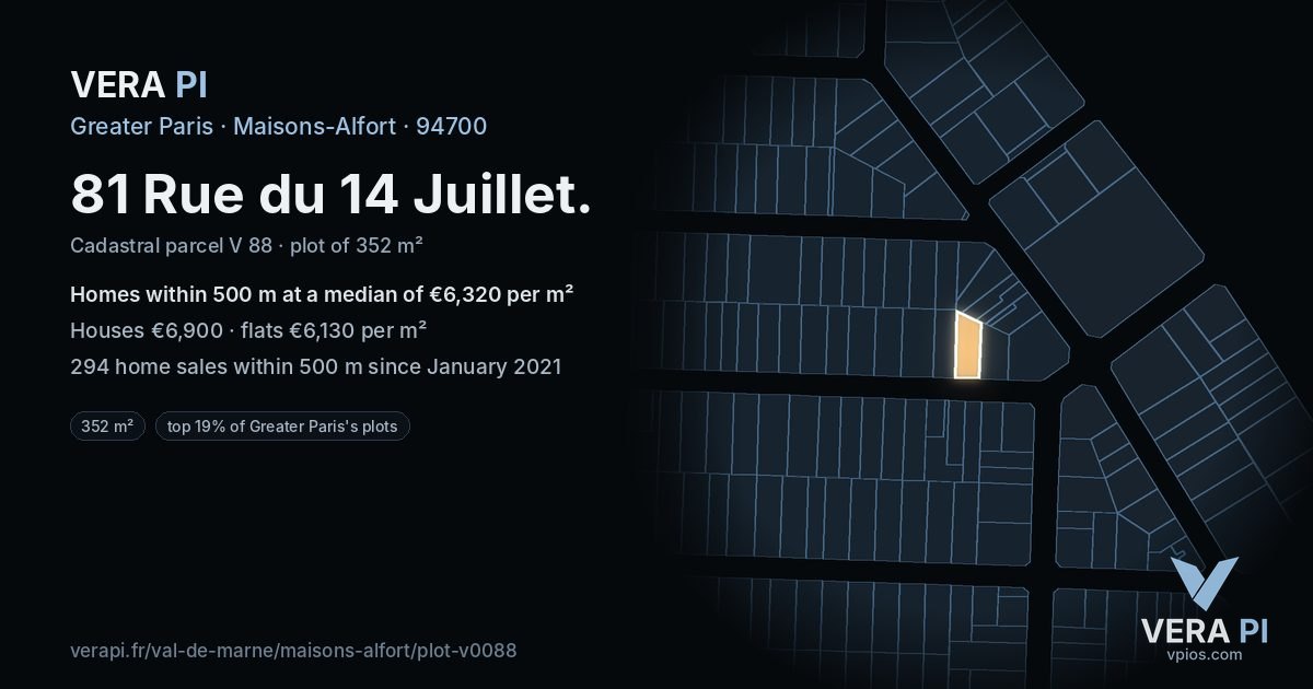 81 Rue du 14 Juillet, Maisons-Alfort at night – the plot lit, the parcels around coloured by the prices near them