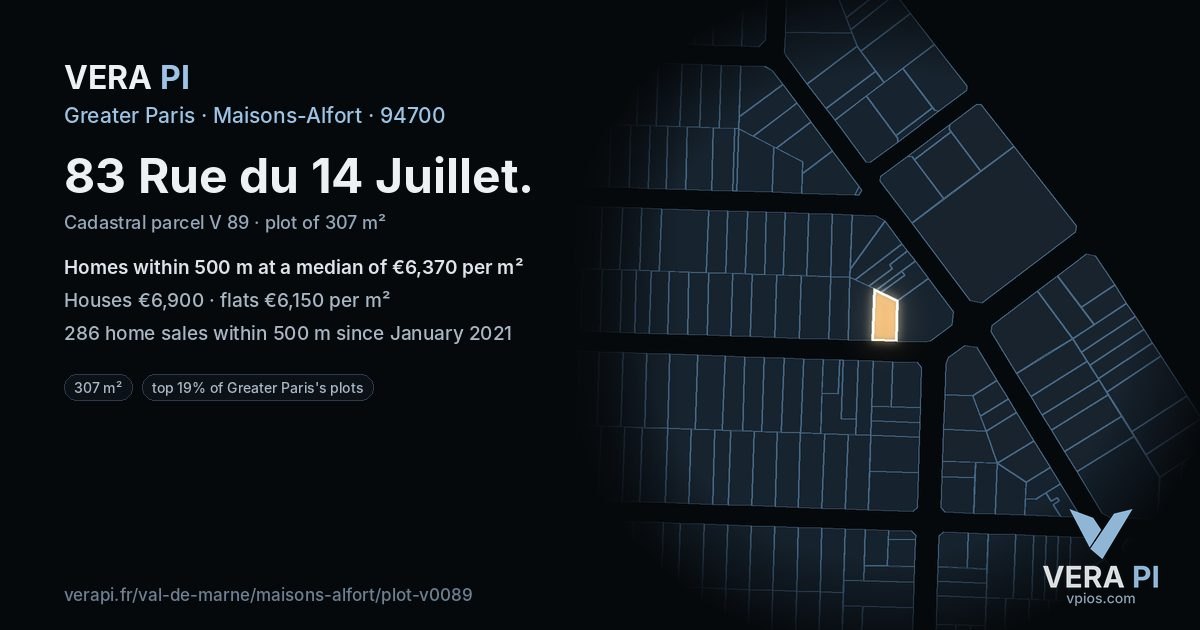 83 Rue du 14 Juillet, Maisons-Alfort at night – the plot lit, the parcels around coloured by the prices near them