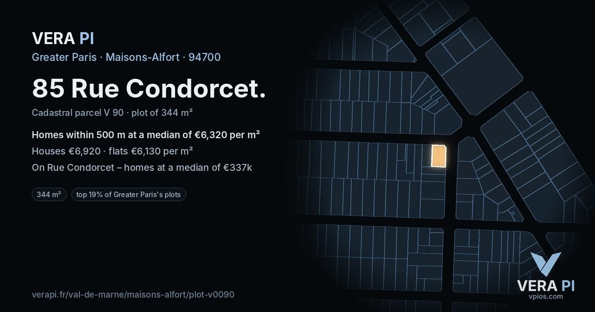 85 Rue Condorcet, Maisons-Alfort at night – the plot lit, the parcels around coloured by the prices near them