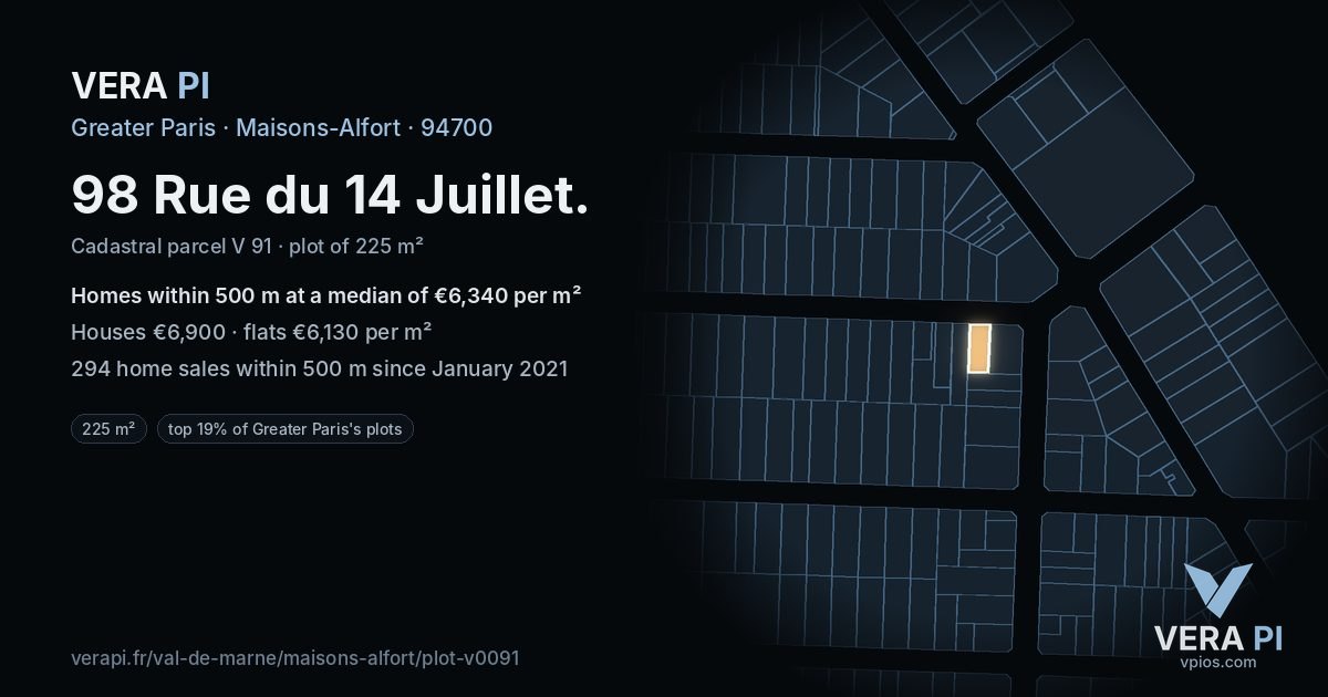 98 Rue du 14 Juillet, Maisons-Alfort at night – the plot lit, the parcels around coloured by the prices near them