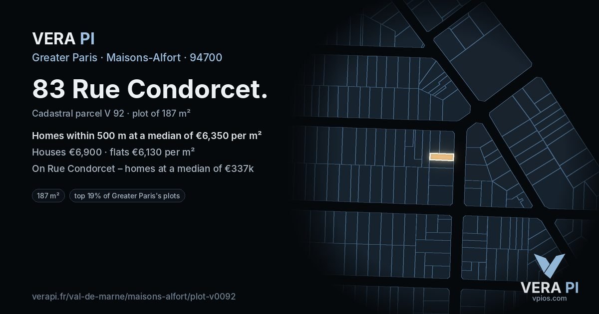 83 Rue Condorcet, Maisons-Alfort at night – the plot lit, the parcels around coloured by the prices near them