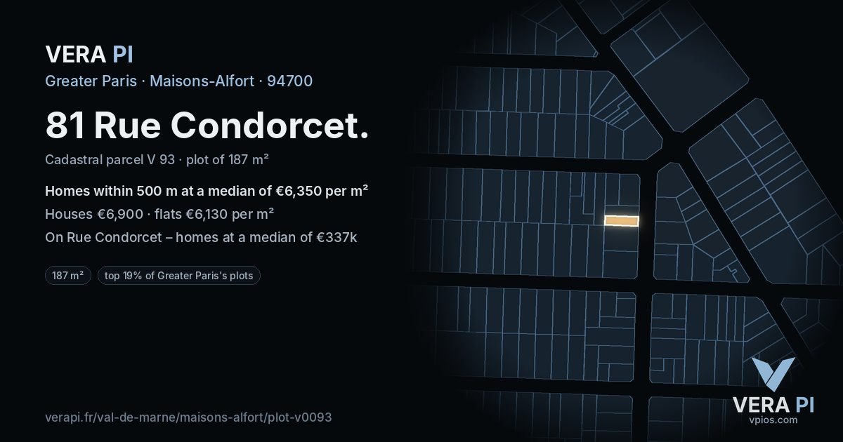 81 Rue Condorcet, Maisons-Alfort at night – the plot lit, the parcels around coloured by the prices near them