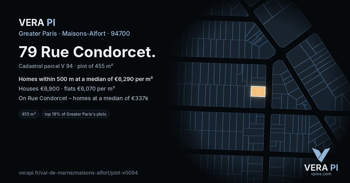 79 Rue Condorcet, Maisons-Alfort at night – the plot lit, the parcels around coloured by the prices near them