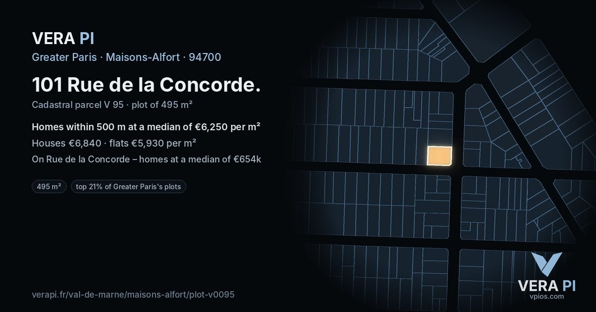 101 Rue de la Concorde, Maisons-Alfort at night – the plot lit, the parcels around coloured by the prices near them