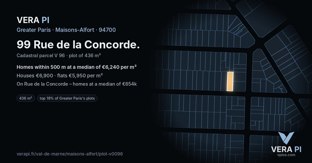 99 Rue de la Concorde, Maisons-Alfort at night – the plot lit, the parcels around coloured by the prices near them