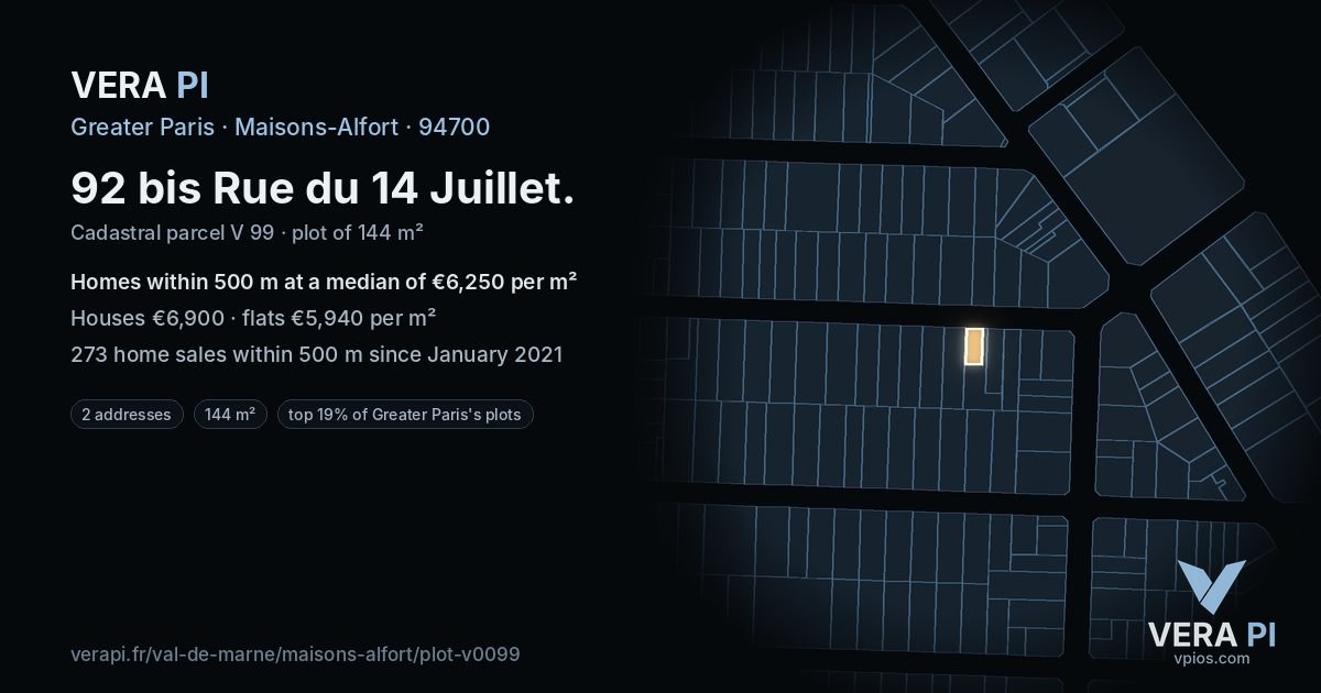 92 bis Rue du 14 Juillet, Maisons-Alfort at night – the plot lit, the parcels around coloured by the prices near them