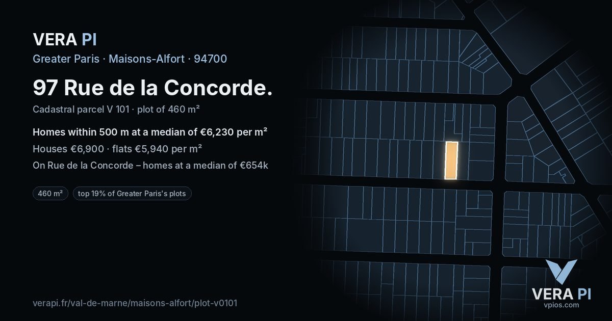 97 Rue de la Concorde, Maisons-Alfort at night – the plot lit, the parcels around coloured by the prices near them