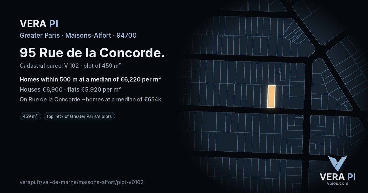 95 Rue de la Concorde, Maisons-Alfort at night – the plot lit, the parcels around coloured by the prices near them
