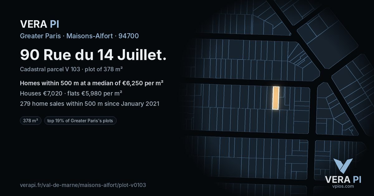 90 Rue du 14 Juillet, Maisons-Alfort at night – the plot lit, the parcels around coloured by the prices near them