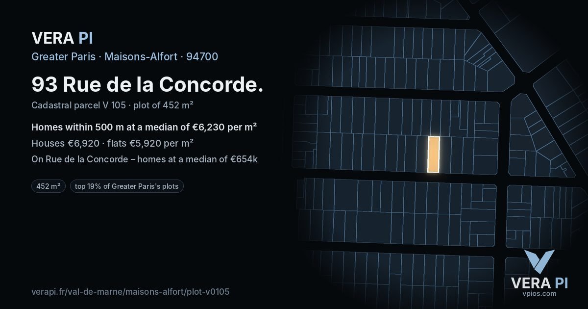 93 Rue de la Concorde, Maisons-Alfort at night – the plot lit, the parcels around coloured by the prices near them